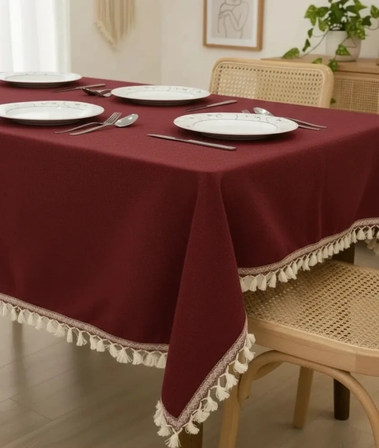 Bordo Pamuk Keten Şerit Ponponlu Masa Örtüsü