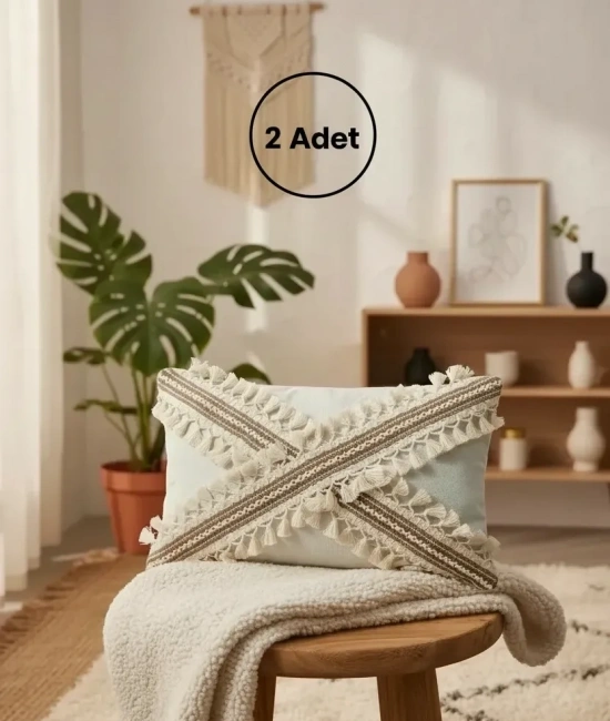 Ham Keten Krem Çapraz Kahve Dantelli Ponponlu 2 Adet Kırlent Kırlent Kılılfı (35 x 55)