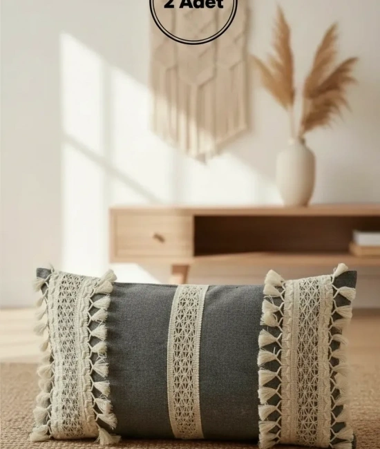 Keten Gri Antrasit Ham Dantel Kırlent 2 Adet Kırlent Kılıfı(35 x 55)