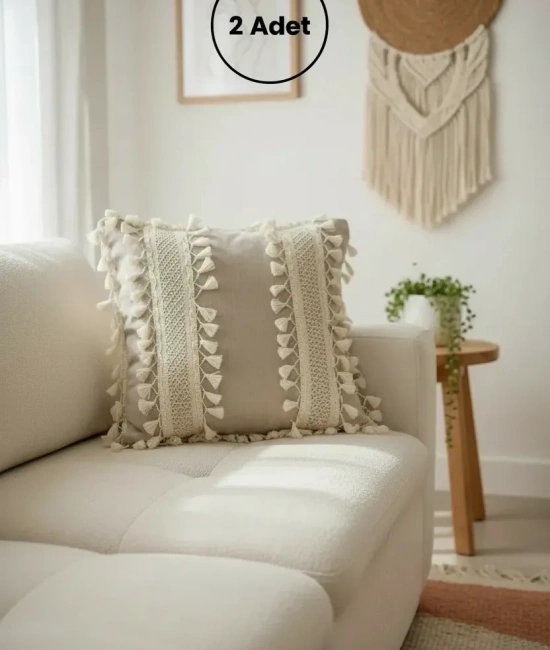 Bej Keten Kalın Dantel Ponponlu Kırlent 2 Adet Kırlent Kılıfı(43 X 43)