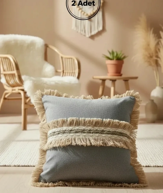 Gri Antrasit Jütlü Püskllü Kırlent 2 Adet Kırlent Kılıfı (43 x 43 )