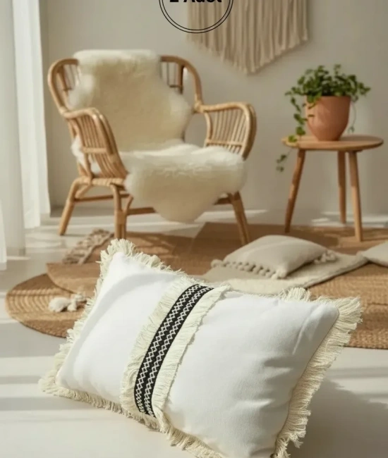 Keten Krem Siyah Şeritli Püsküllü Kırlent 2 Adet Kırlent Kılıfı(35 X 55 )