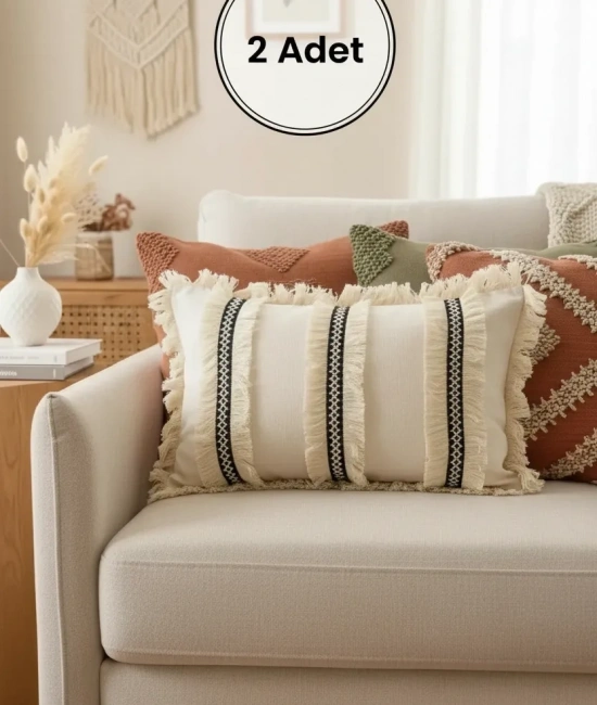 Keten Krem Üç Püsküllü Kırlent 2 Adet Kırlent Kılıfı (35 x 55)