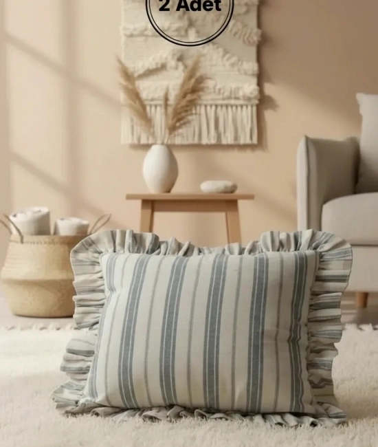 Premium Keten Gri Kalın Çizgili Fırfırlı Kırlent 2 Adet Kırlent Kılıfı (43 x 43 )