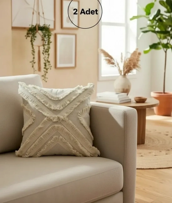 Ham Keten Çoklu Püsküllü Kare Kırlent 2 Adet Kırlent Kılıfı 43x43