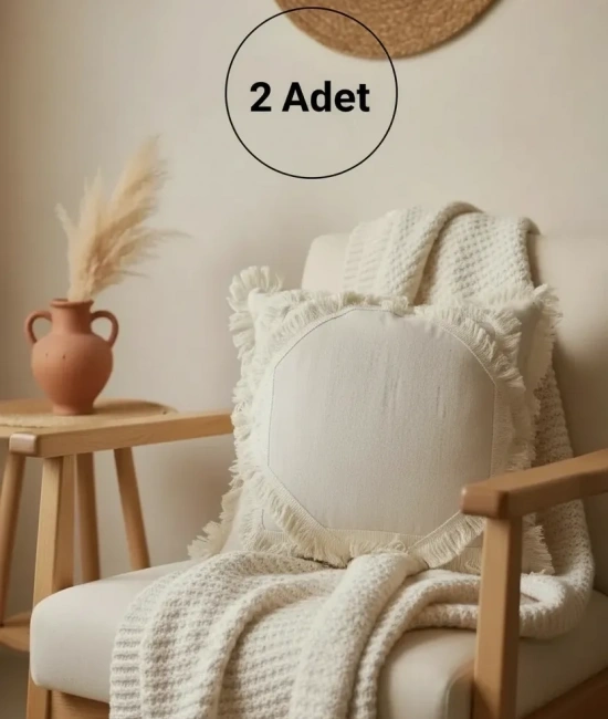 Ham Keten Baklava Mozaik Püsküllü Kırlent 2 Adet Kırlent Kılıfı 35x55