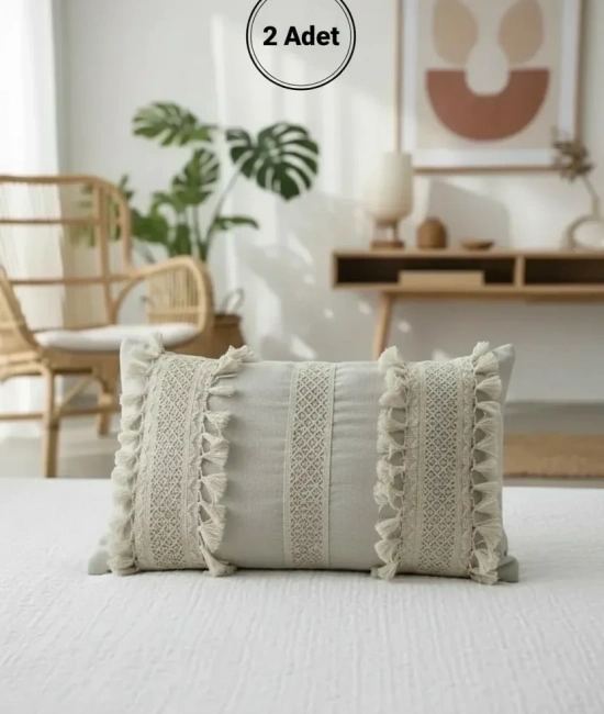 Ham Keten Üç Dantelli Ponponlu Kırlent 2 Adet Kırlent Kılıfı