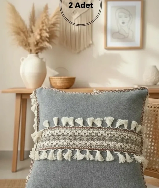 Antrasit Şeritli Ponponlu Kırlent 2 Adet Kırlent Kılıfı(43x43)