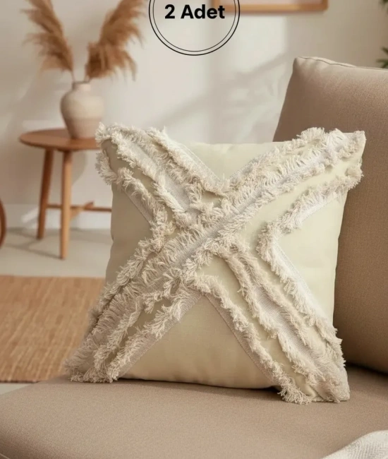 Sarı Renk Keten Çoklu Püsküllü Kırlent 2 Adet Kırlent Kılıfı