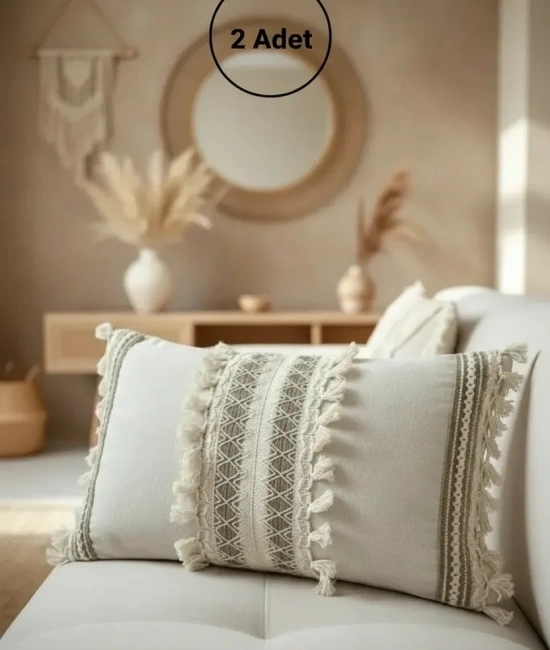 Özel Tasarım Kahverengi Dantelli Krem Kırlent 2 Adet Kırlent Kılıfı [35x55]