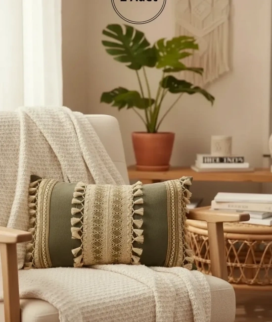 Gri Keten Üçlü Kahverengi Dantelli Kırlent 2 Adet Kırlent Kılıfı