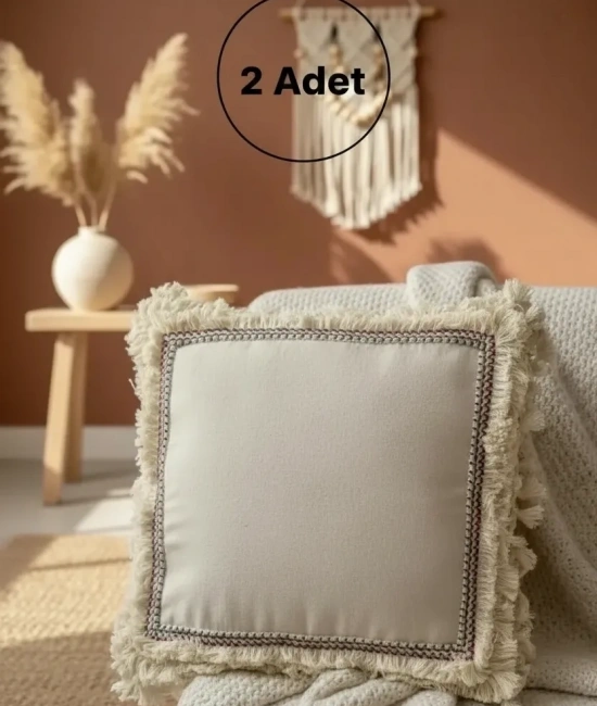 Dört Kenar Püsküllü Keten Krem Kırlent 2 Adet Kırlent Kılıfı43x43][