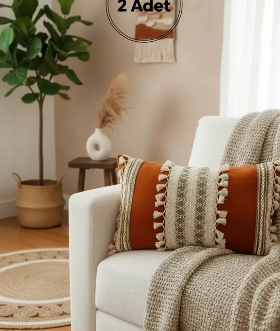 Kiremit Rengi Üçlü Kahve Dantelli Kırlent 2 Adet Kırlent Kılıfı