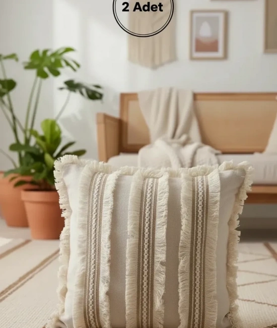 Üç Dantelli Püsküllü Ham Keten Krem 2 Adet Kırlent Kılıfı