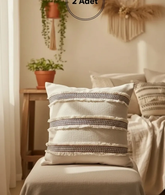 Mini Çift Püsküllü Keten Krem Kırlent 2 Adet Kırlent Kılıfı (43 x 43)