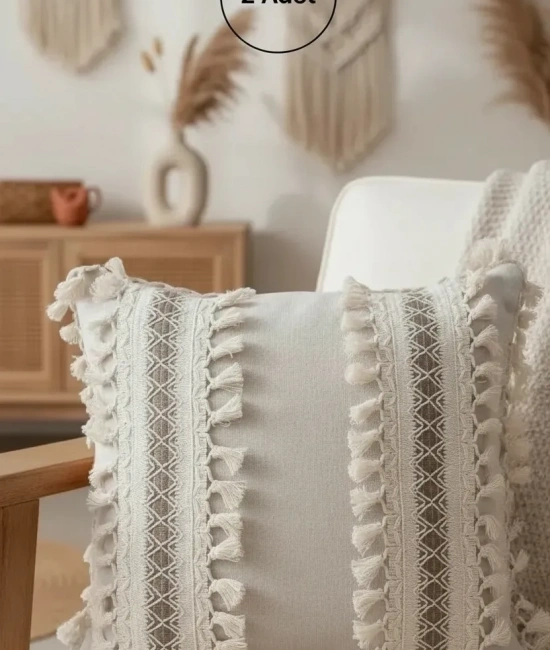 Kalın Dantel Ponponlu Krem Kırlent 2 Adet Kırlent Kılıfı (43 x 43)