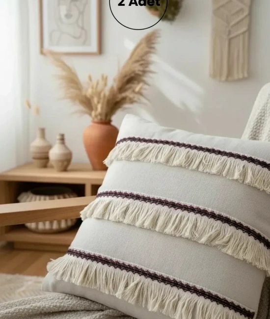 Üç Püsküllü Keten Krem Kırlent 2 Adet Kırlent Kılıfı (35 x 55)