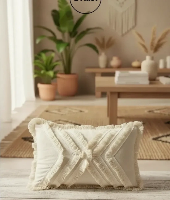 Çoklu Püsküllü Krem Keten Kırlent 2 Adet Kırlent Kılıfı (35 x 55)