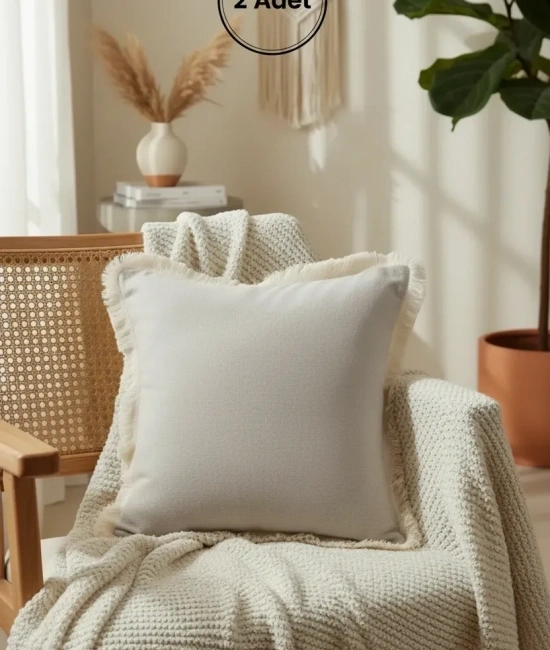 Bej Püsküllü Kırlent 2 Adet Kırlent Kılıfı 43 X 43