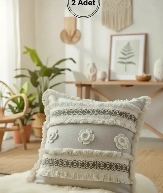 Kalın Dantel Püsküllü ve Motifli Keten Krem Kırlent 2 Adet Kırlent Kılıfı (43 x 43)