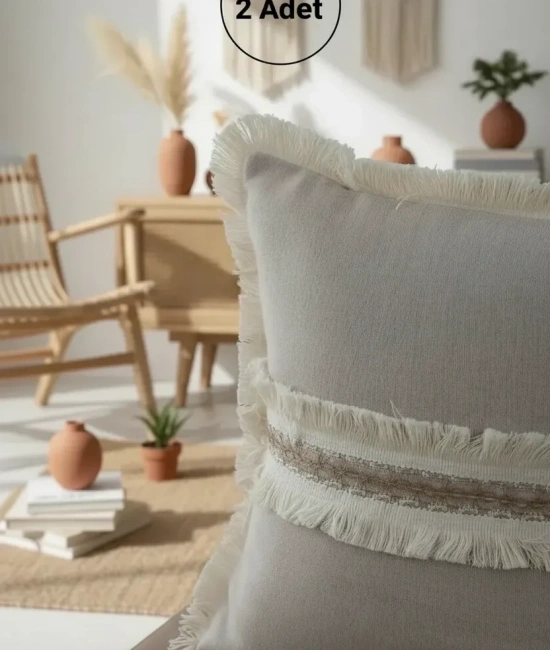 Bej Keten Jüt Dantelli Kırlent 2 Adet Kırlent Kılıfı (43 x 43)