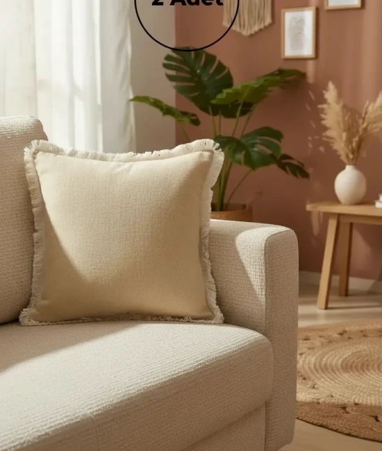 Sarı Püsküllü Kırlent 2 Adet Kırlent Kılıfı (43 x 43)