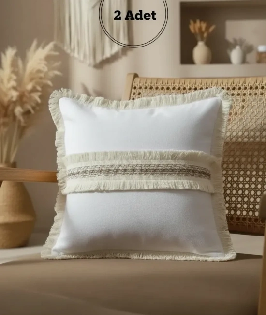 Beyaz Keten Jüt Dantelli Kırlent 2 Adet Kırlent Kılıfı (43 x 43)