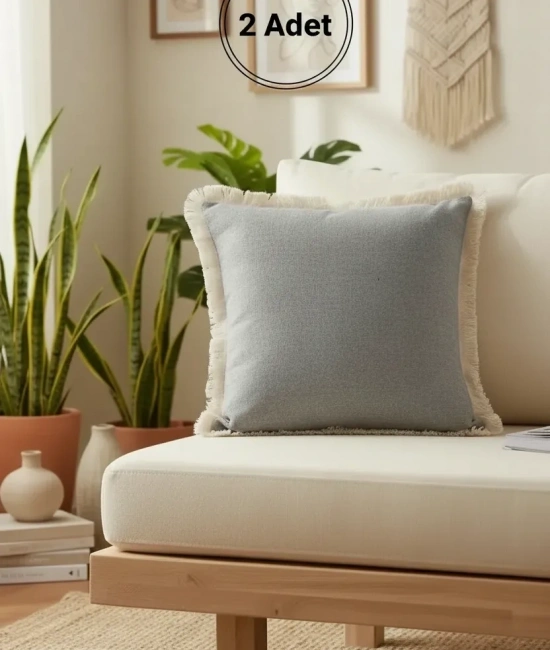 Gri Püsküllü Kırlent 2 Adet Kırlent Kılıfı 43 X 43