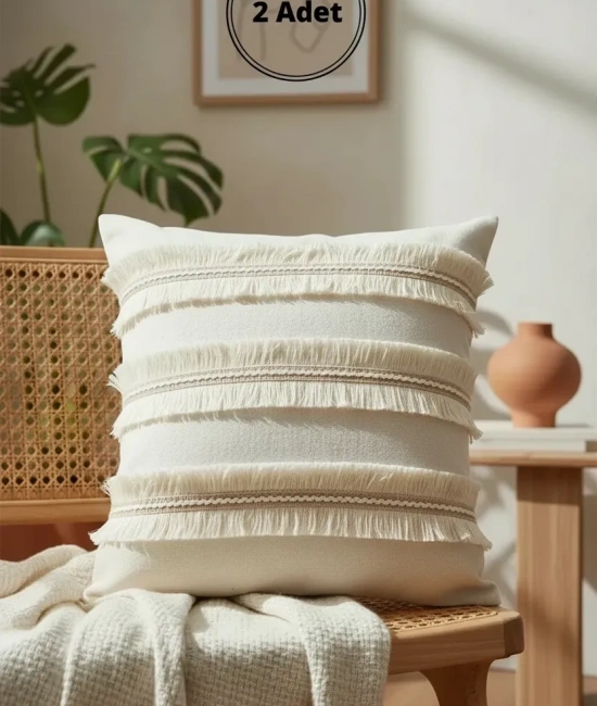 Özel Tasarım Jütlü Püsküllü Keten Krem Kırlent 2 Adet Kırlent Kılıfı ( 45 X 45)