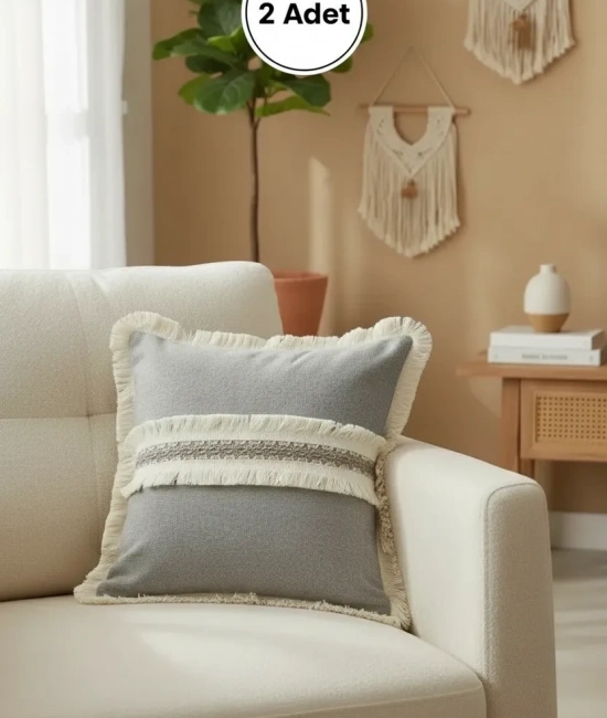 Antrasit Keten Jüt Dantelli Kırlent 2 Adet Kırlent Kılıfı (43 x 43)