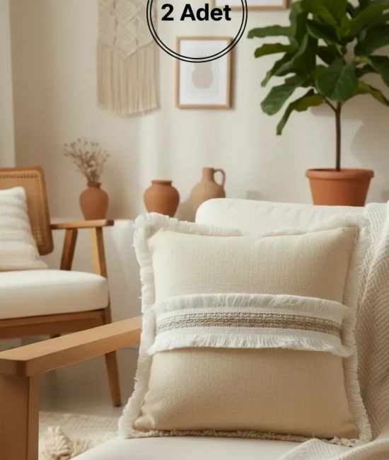 Sarı Keten Jüt Dantelli Kırlent 2 Adet Kırlent Kılıfı