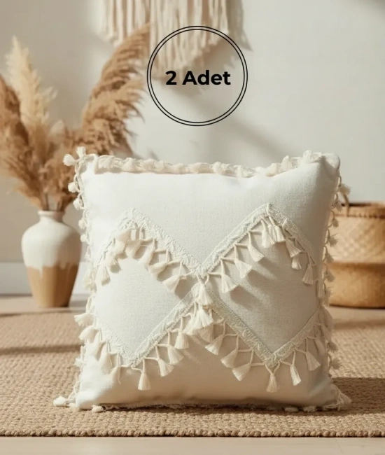 Özel Tasarım Çapraz Ponponlu Tekli Keten Krem Kırlent 2 Adet Kırlent Kılıfı (45X55)