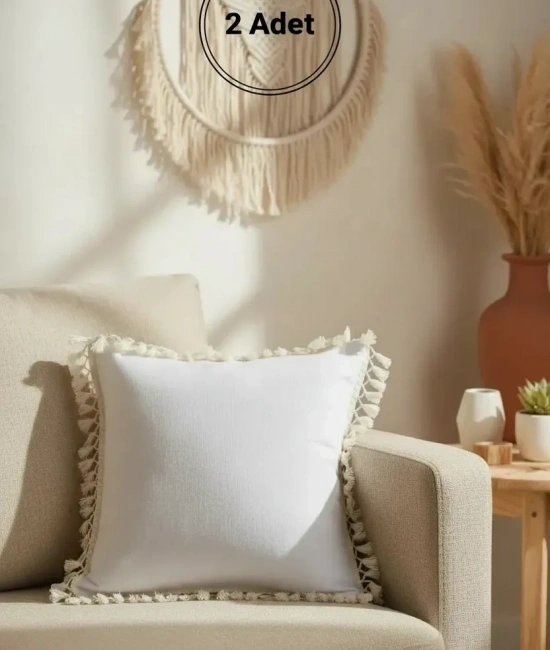 Keten Beyaz Ponponlu Kırlent 2 Adet Kırlent Kılıfı (43 x 43)