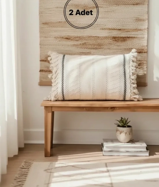 Özel Tasarım Runner Dantelli Keten Krem Kırlent 2 Adet Kırlent Kılıfı (35x55)