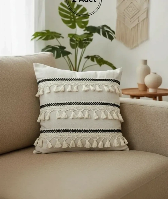 Özel Tasarım Siyah Şeritli Keten Krem Kırlent 2 Adet Kırlent Kılıfı