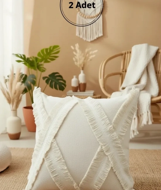 Özel Tasarımkare Çapraz Kokoş Tekli Keten Krem Kırlent 2 Adet Kırlent Kılıfı (43 x 43)