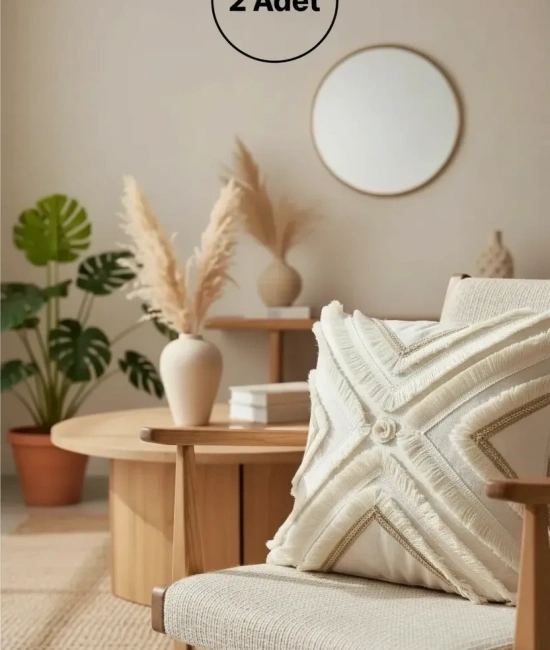 Özel Tasarım Çoklu Püsküllü Motifli Keten Krem Kırlent 2 Adet Kırlent Kılıfı (43 x 43)