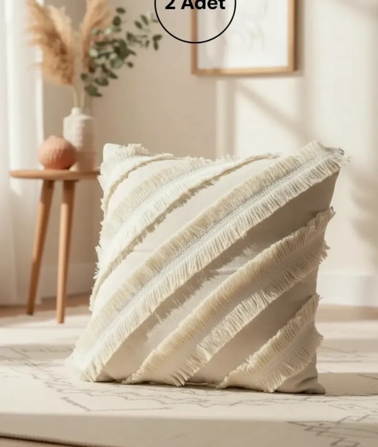 Özel Tasarım Çapraz Çift Püsküllü Keten Krem Kırlent 2 Adet Kırlent Kılıfı (43 x 43)