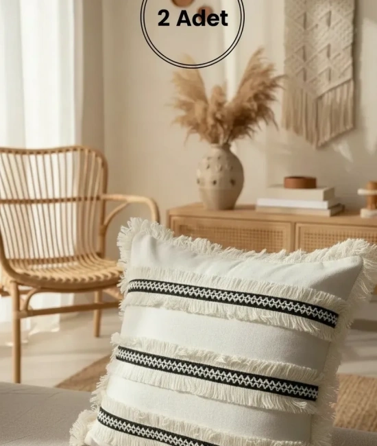 Özel Tasarım Siyah Püsküllü Keten Krem Kırlent 2 Adet Kırlent Kılıfı (43 x 43)