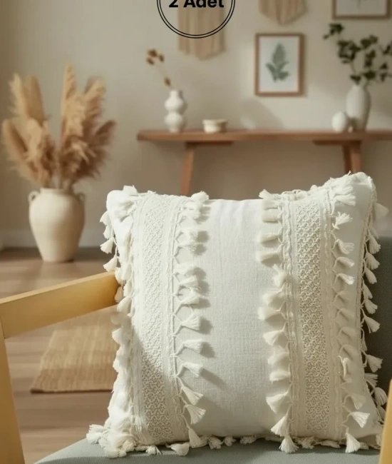 Özel Tasarım Ham Kalın Dantelli Keten Kırlent 2 Adet Kırlent Kılıfı (43 x 43)