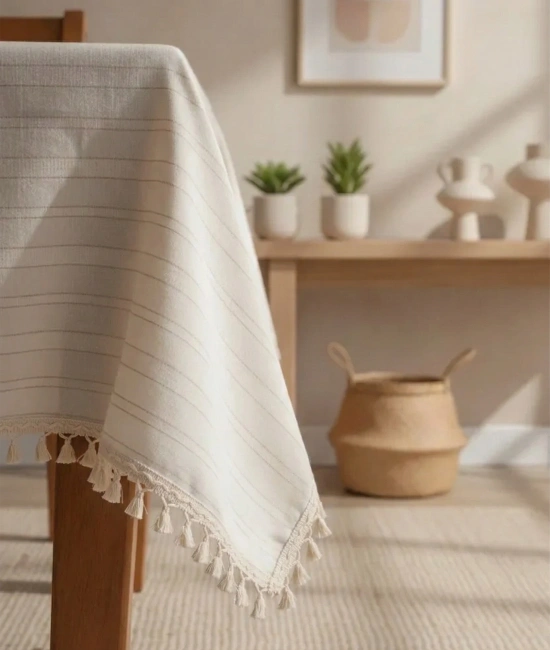 Buldan Dokuması Çizgili Krem Keten Ham Ponponlu Masa Örtüsü