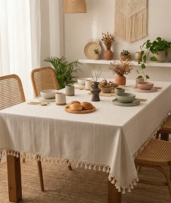 Buldan Dokuması Çizgili Krem Keten Ham Ponponlu Masa Örtüsü