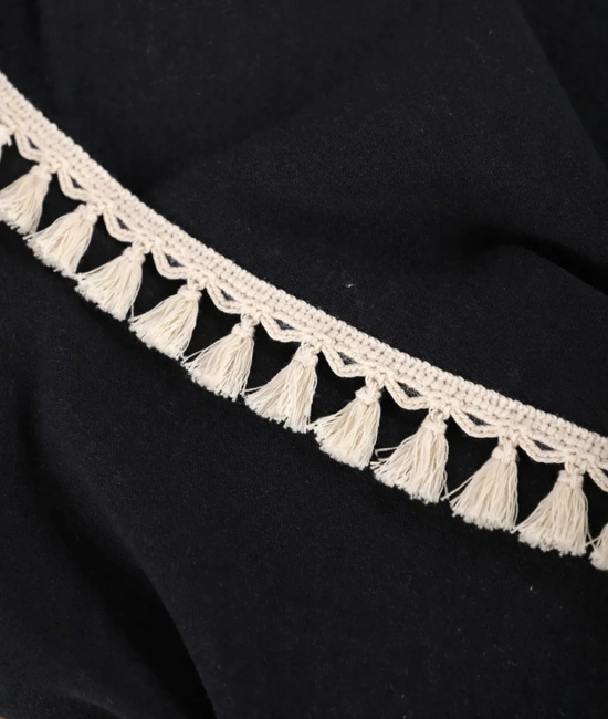 Premium Siyah Keten Ham Ponponlu Masa Örtüsü