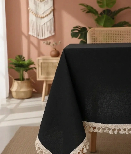 Premium Siyah Keten Ham Ponponlu Masa Örtüsü