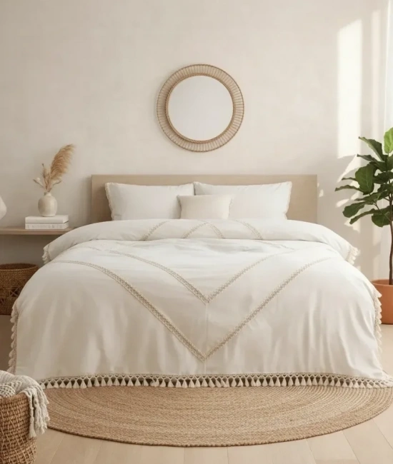 Çift Kişilik Ham Keten Nevresim Seti Jüt Dantelli Ponponlu Kahverengi Şerit Detaylı