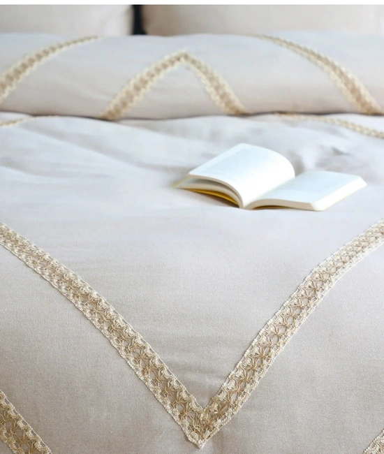 Çift Kişilik Ham Keten Nevresim Seti Jüt Dantelli Ponponlu Kahverengi Şerit Detaylı