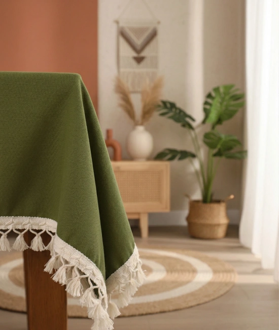 Premium Keten Haki Ponponlu Masa Örtüsü