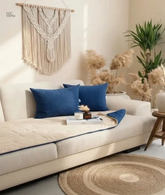 Çift Taraflı Keten Koltuk Pedi / Şiltesi [Kırlentli] - Lacivert-Krem