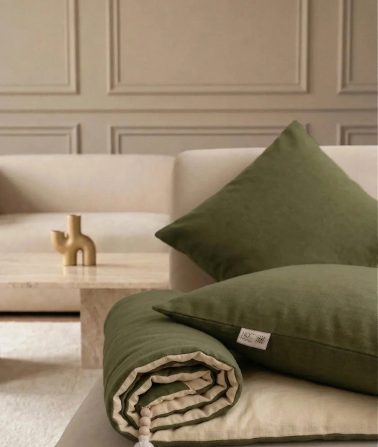 Luxury Çift Taraflı Keten Koltuk Pedi / Şiltesi [Kırlentli] - Haki-Krem