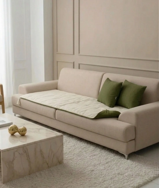 Luxury Çift Taraflı Keten Koltuk Pedi / Şiltesi [Kırlentli] - Haki-Krem